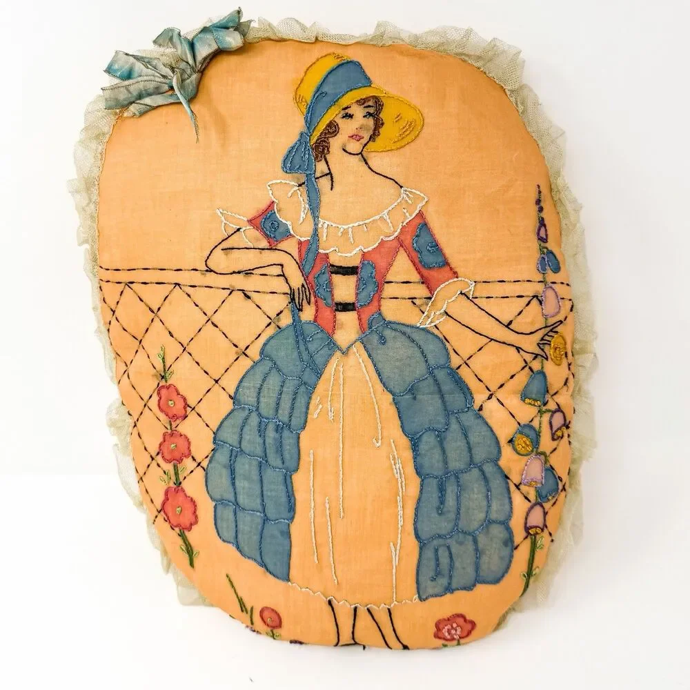 Antique 1920s Embroidered Boudoir Pillows Art Deco Lady Handmade Pair